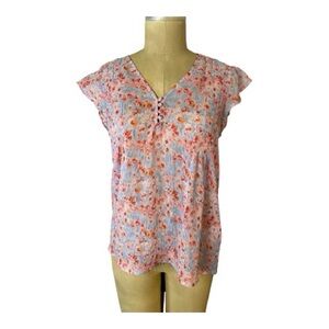 Joie Silk pink/red/white Floral V-Neck Blouse with Flutter Sleeves